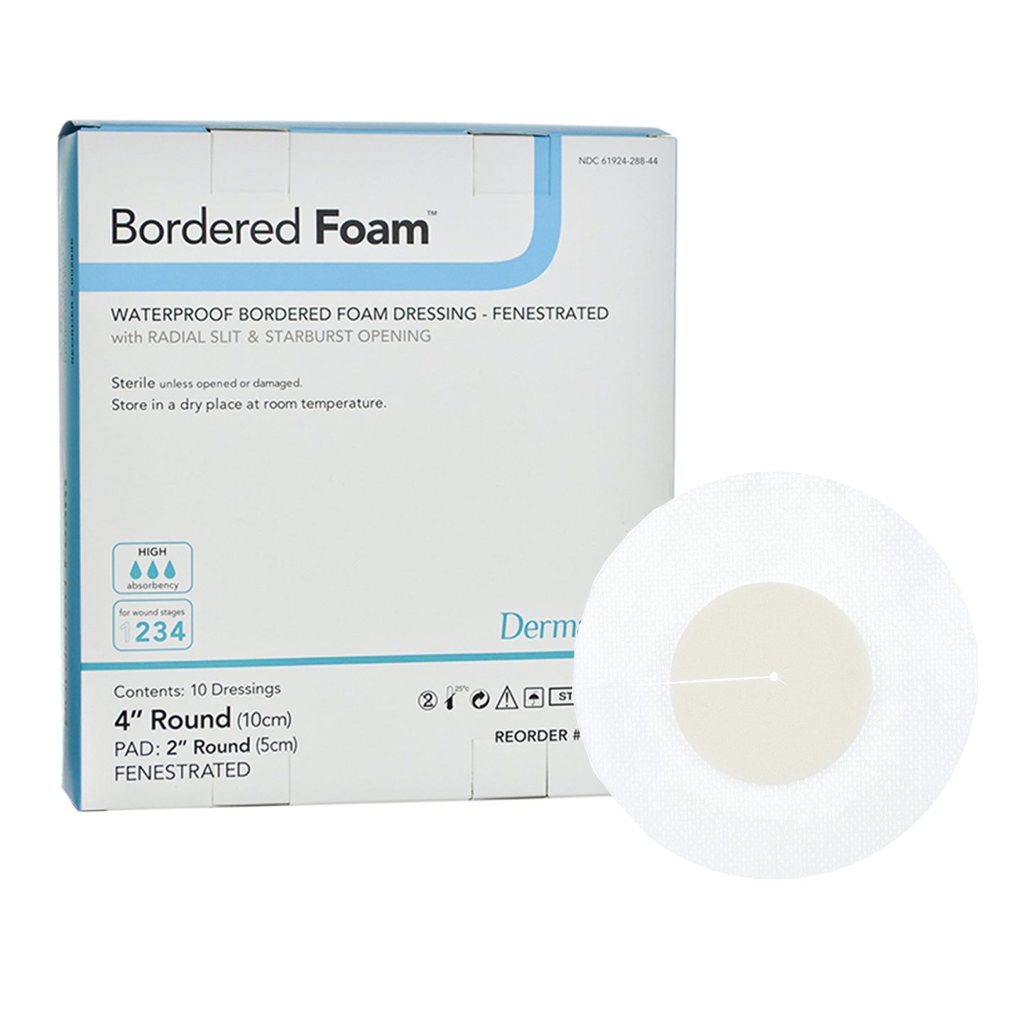 BorderedFoam® Foam Dressing 4 Inch Diameter With Border Waterproof Backing Nonacrylic Adhesive Fenestrated Round Sterile (946278_BX)