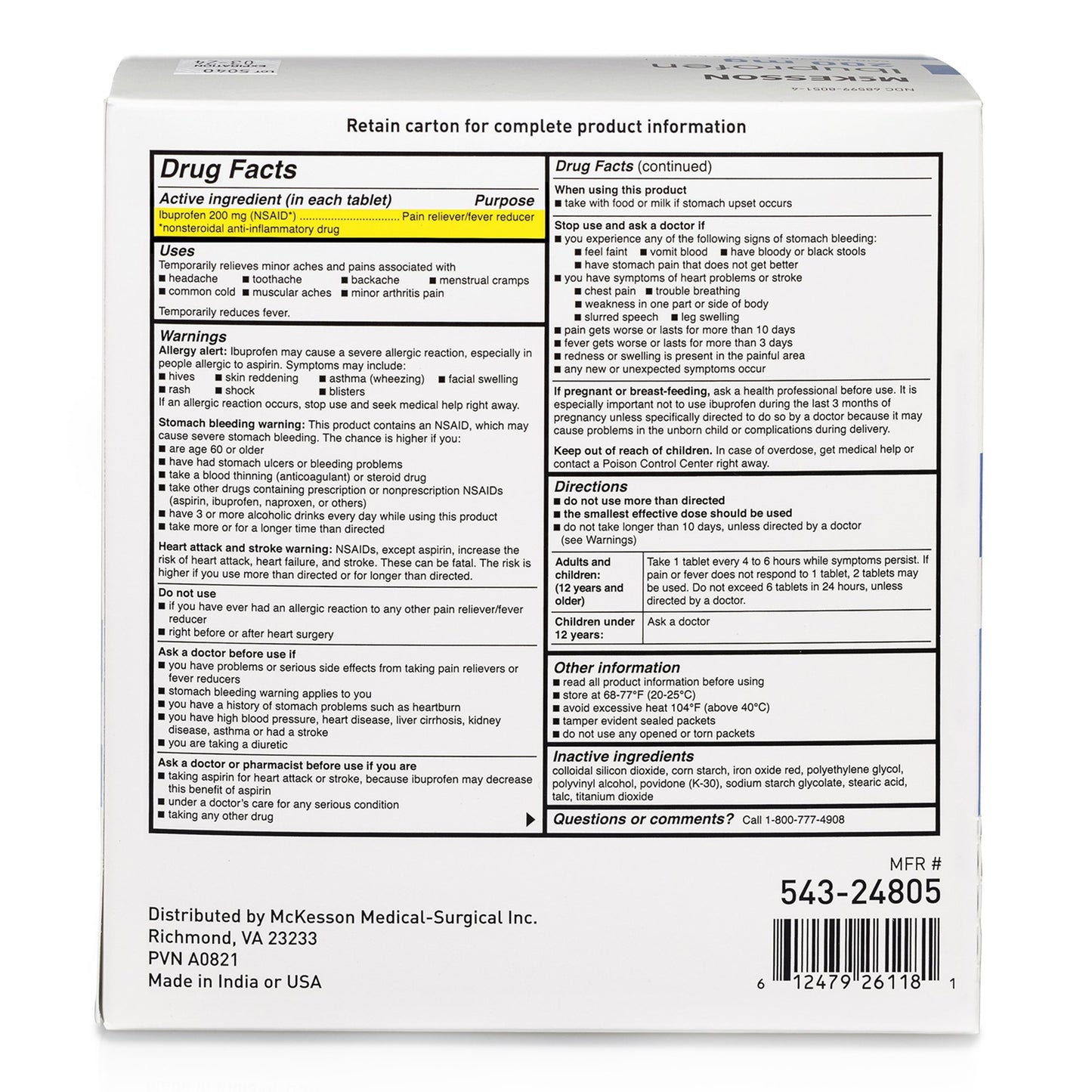 McKesson Pain Relief 200 mg Strength Ibuprofen Unit Dose Tablet 200 per Box (1111735_CS)