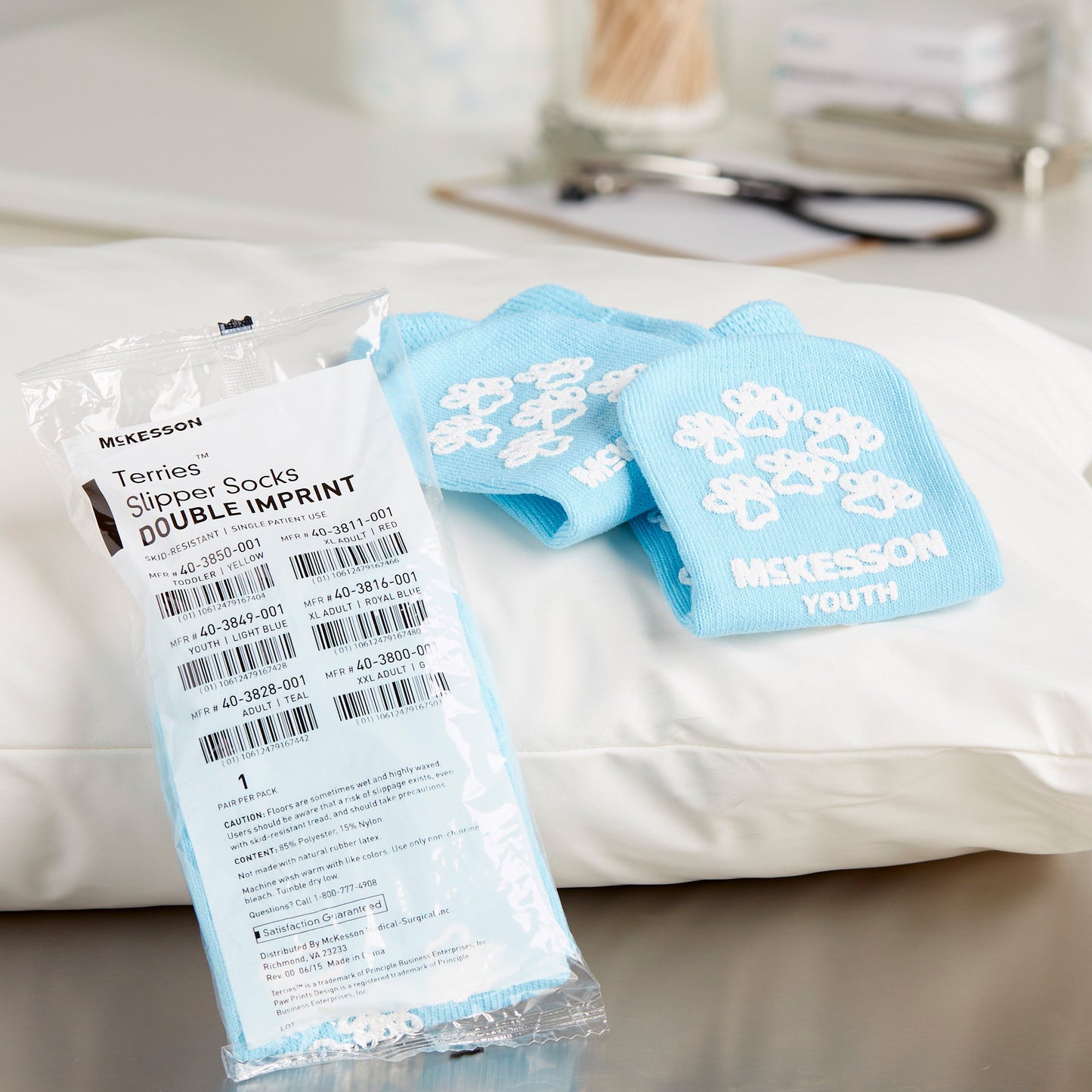 McKesson Terries™ Slipper Socks Unisex Child Double Tread Single Patient Use Light Blue (558993_PR)