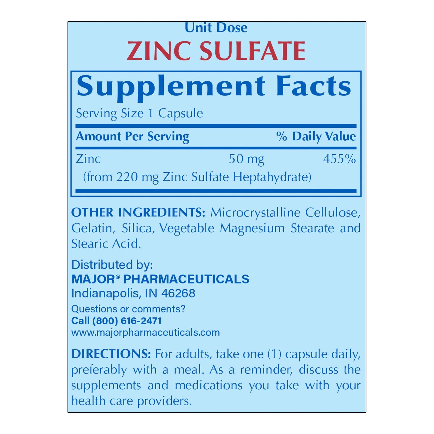Major Pharmaceuticals Mineral Supplement Zinc Sulfate 220 mg Strength Capsule 100 per Box (1215377_BX)