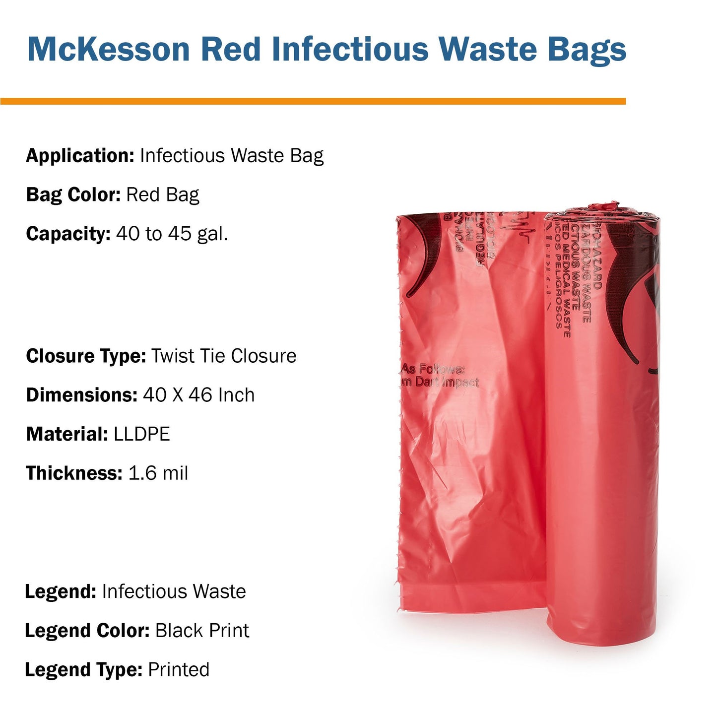 McKesson Biohazard Waste Bag Biohazard Symbol / Infectious Waste 40 to 45 gal. Red 40 X 46 Inch (315631_CS)