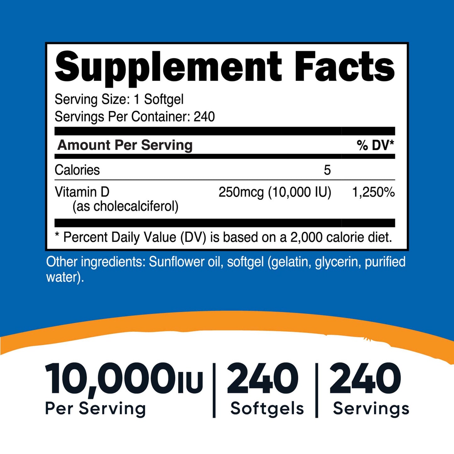 nutricost® Dietary Supplement Vitamin D3 10,000 IU Strength Softgel 240 Per Bottle (1270248_BT)