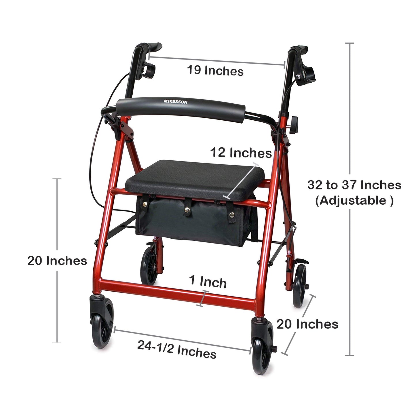 McKesson 4 Wheel Rollator Red Adjustable Height / Folding Aluminum Frame (1065263_EA)