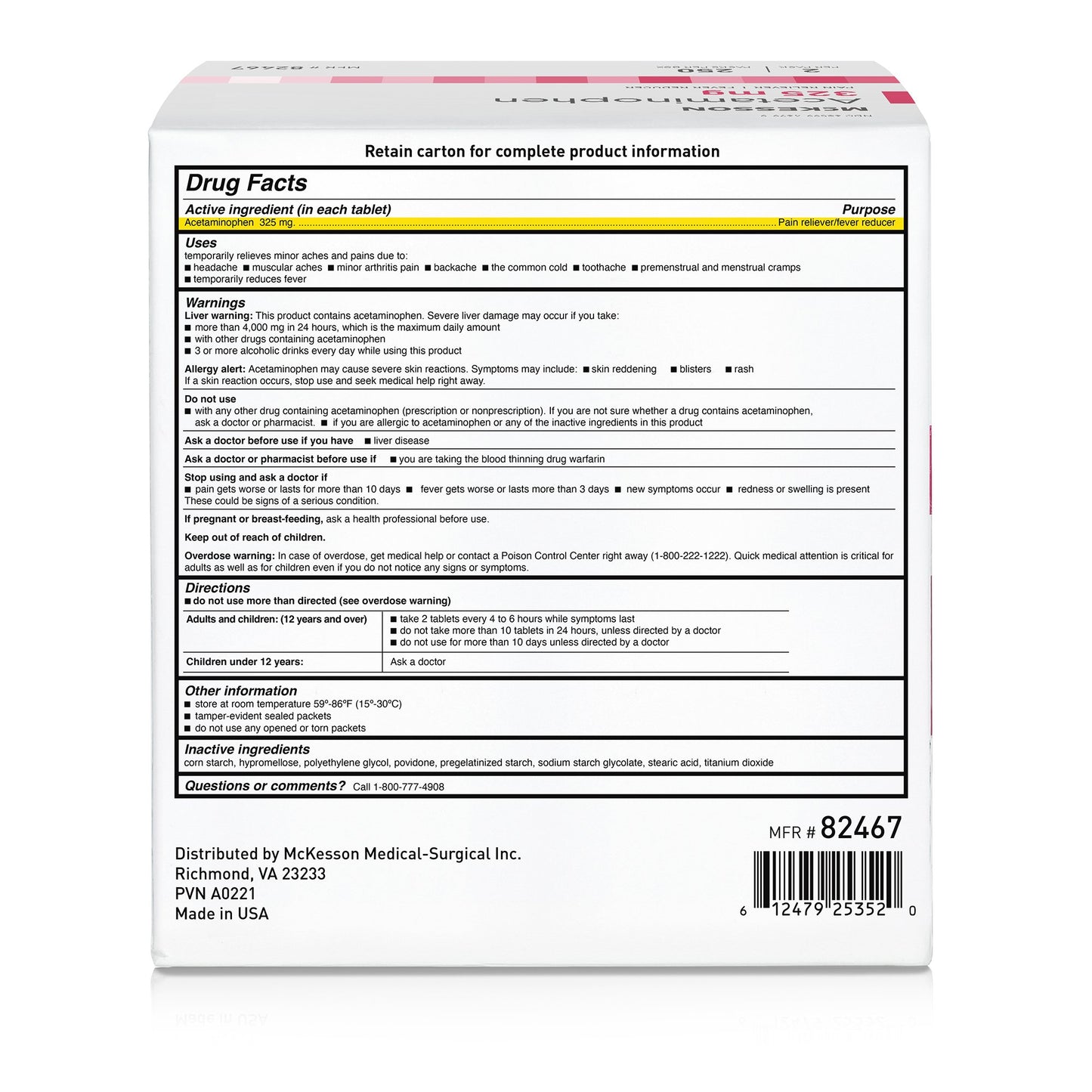 McKesson Pain Relief 325 mg Strength Acetaminophen Unit Dose Tablet 250 per Box (1111736_CS)