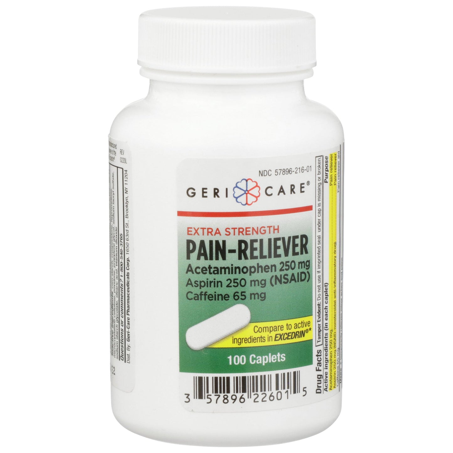 McKesson Brand Pain Relief 250 mg - 250 mg - 65 mg Strength Acetaminophen / Aspirin / Caffeine Caplet 100 per Bottle (868383_CS)
