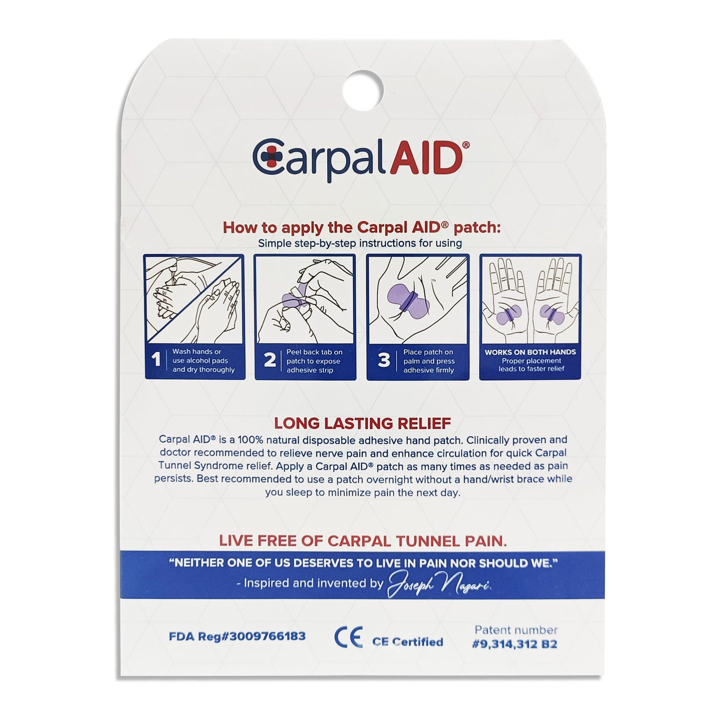 Carpal AID® Patch Hand-Based Carpal Tunnel Support Plastic Left or Right Hand Clear One Size Fits Most (1254008_PK)
