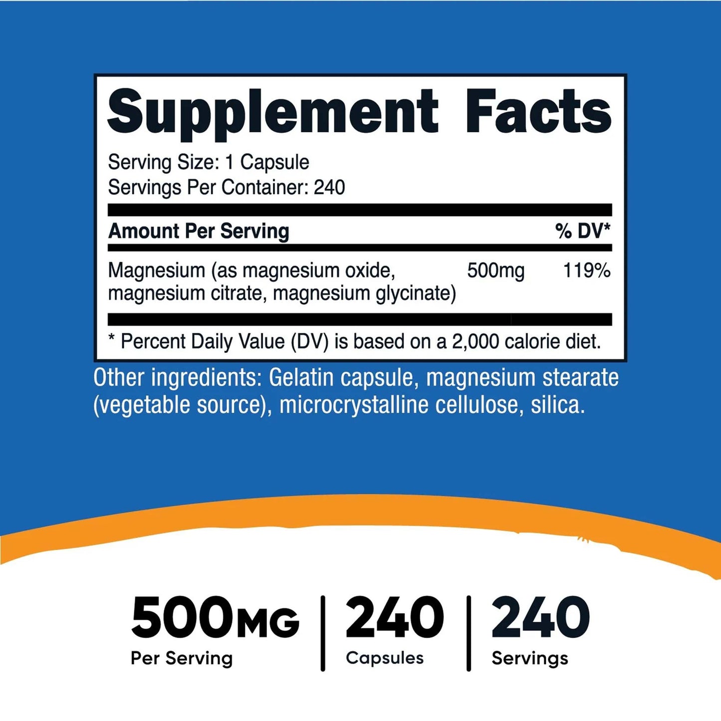 nutricost® Dietary Supplement Magnesium 500 mg Strength Capsule 240 Per Bottle (1270275_BT)