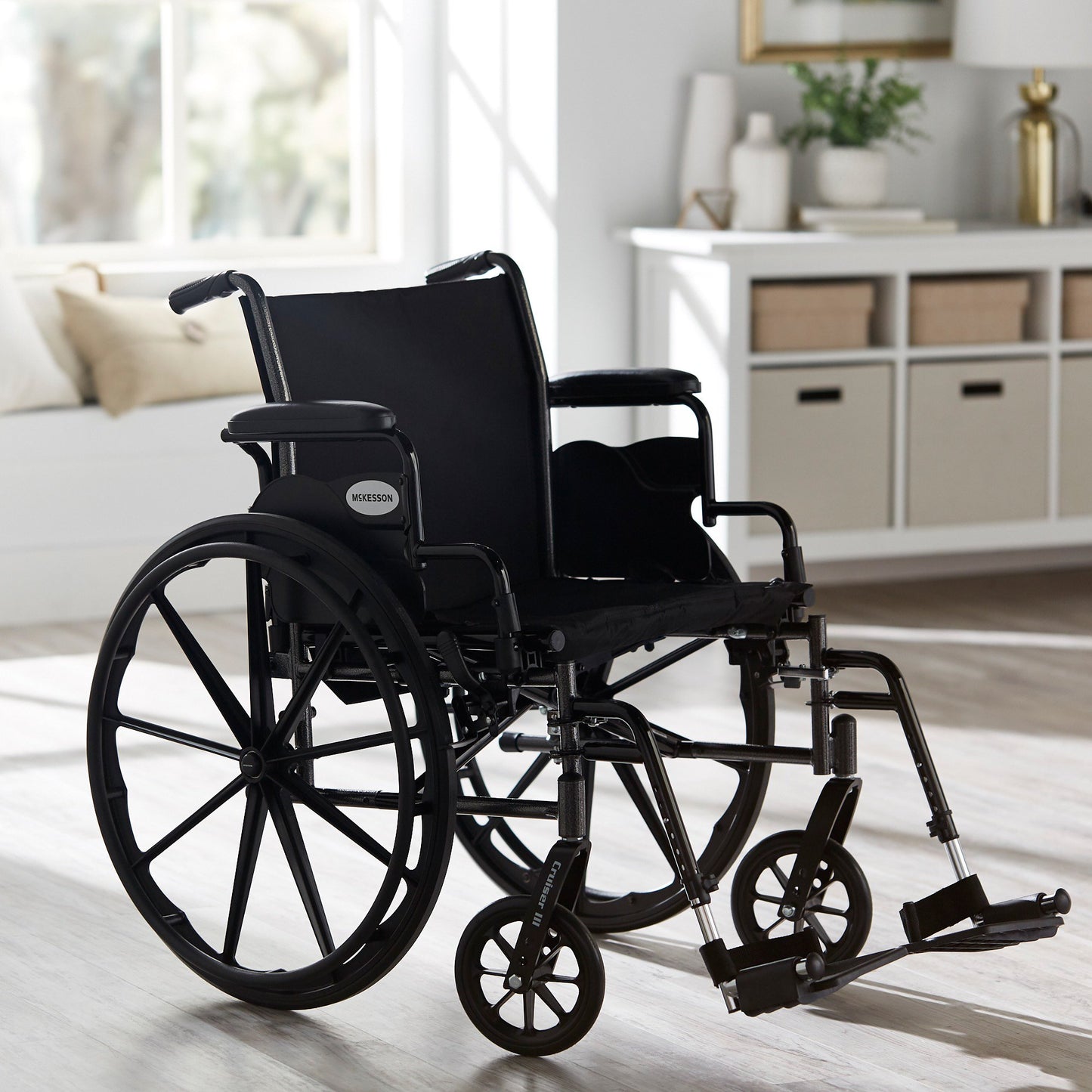 McKesson Lightweight Wheelchair Dual Axle Desk Length Arm Swing-Away Footrest Black Upholstery 20 Inch Seat Width Adult 300 lbs. Weight Capacity (1065286_EA)
