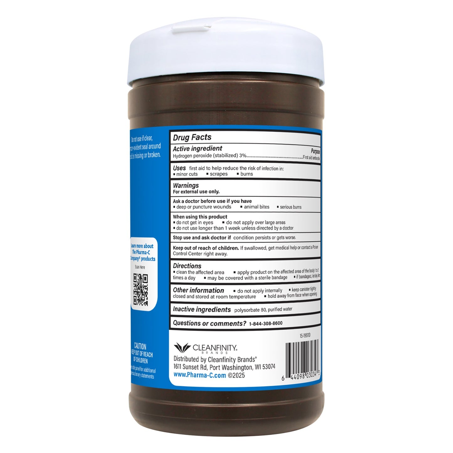 The Pharma-C Company® Antiseptic Skin Wipe Hydrogen Peroxide Towelette Canister (850602_PK)