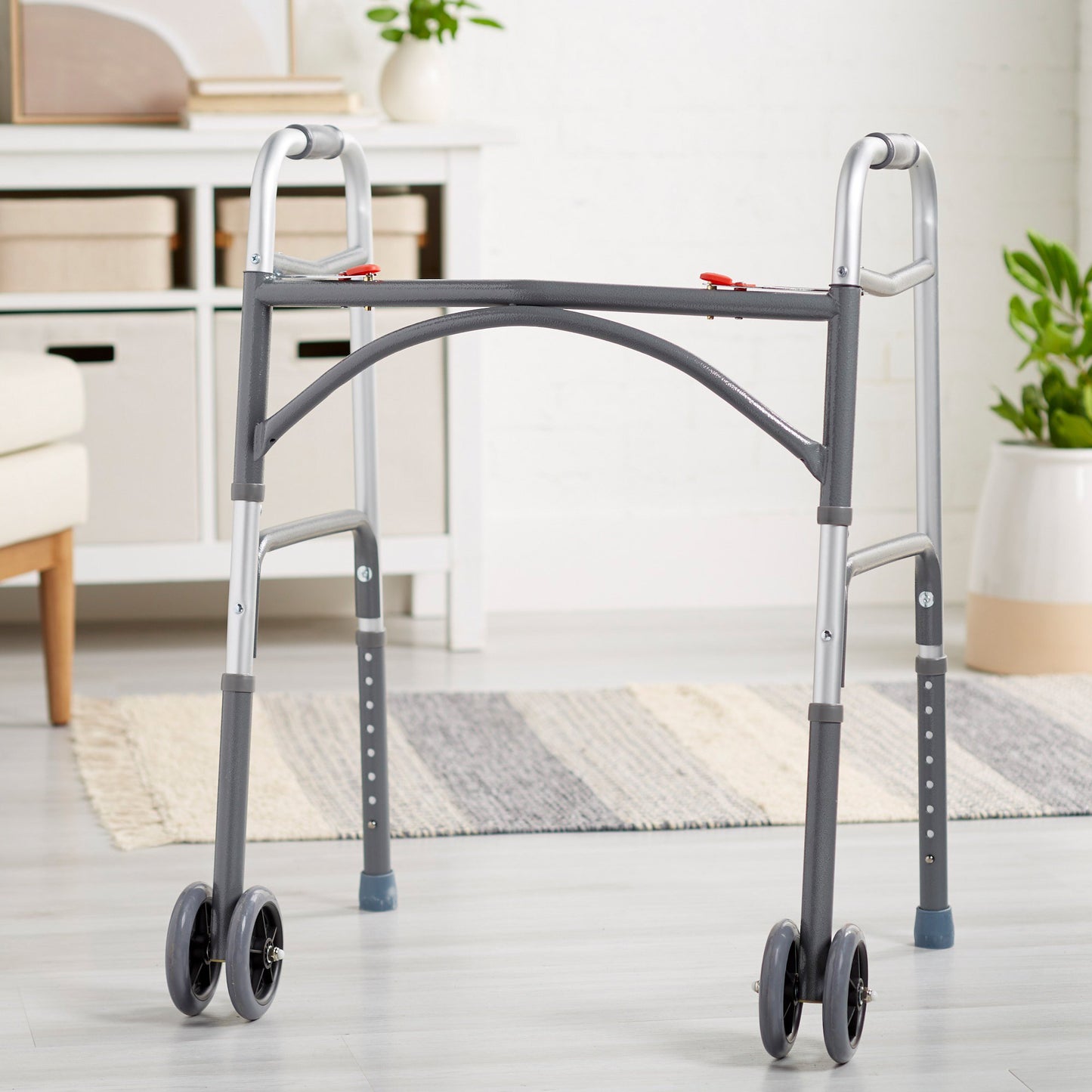 McKesson Bariatric Dual Release Folding Walker with Wheels Adjustable Height Steel Frame 500 lbs. Weight Capacity 32 to 39 Inch Height (1065261_CS)