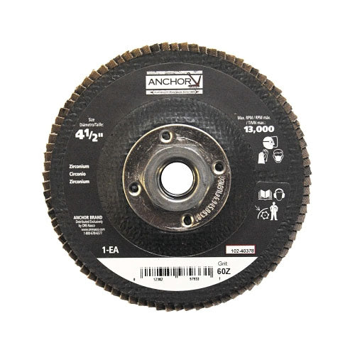 Anchor Brand® Abrasive High Density Flap Discs, 4-1/2 in Dia, 60 Grit, 5/8 in - 11 Arbor, 12,000 rpm (102-40378)