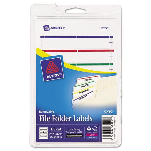 Avery Removable Filing Labels for Inkjet/Laser, 2/3 x 3-7/16, Assorted, 252/Pack (AVE5235)
