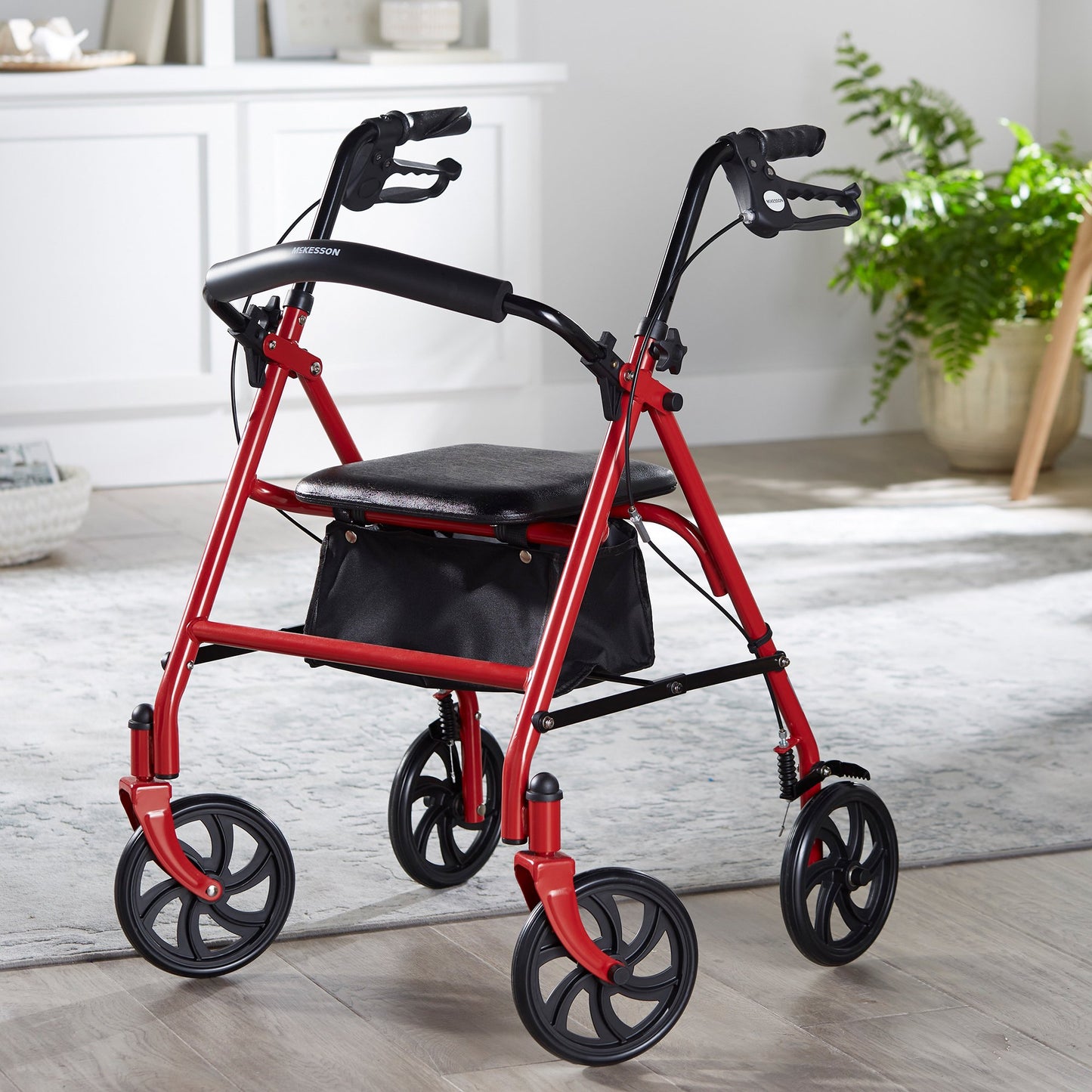 McKesson 4 Wheel Rollator Red Adjustable Height / Folding Steel Frame (1065268_EA)
