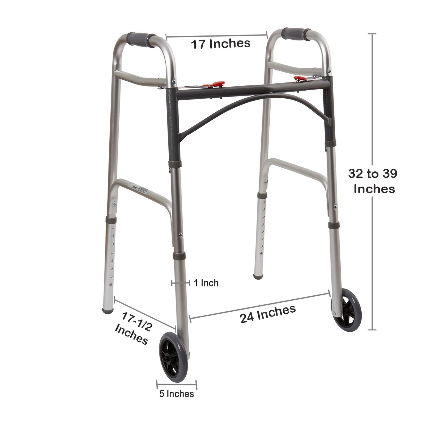 McKesson Dual Release Folding Walker with Wheels Adjustable Height Aluminum Frame 350 lbs. Weight Capacity 32 to 39 Inch Height (1073638_CS)