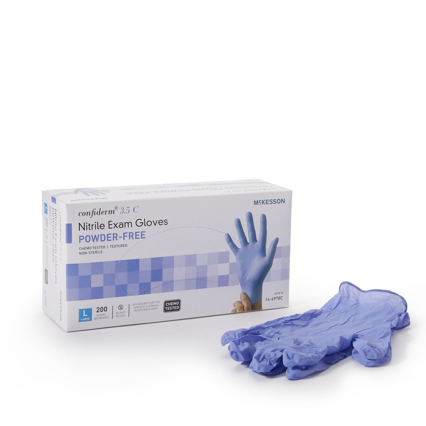 McKesson Confiderm® 3.5C Exam Glove Large NonSterile Nitrile Standard Cuff Length Textured Fingertips Blue Chemo Tested (765876_BX)