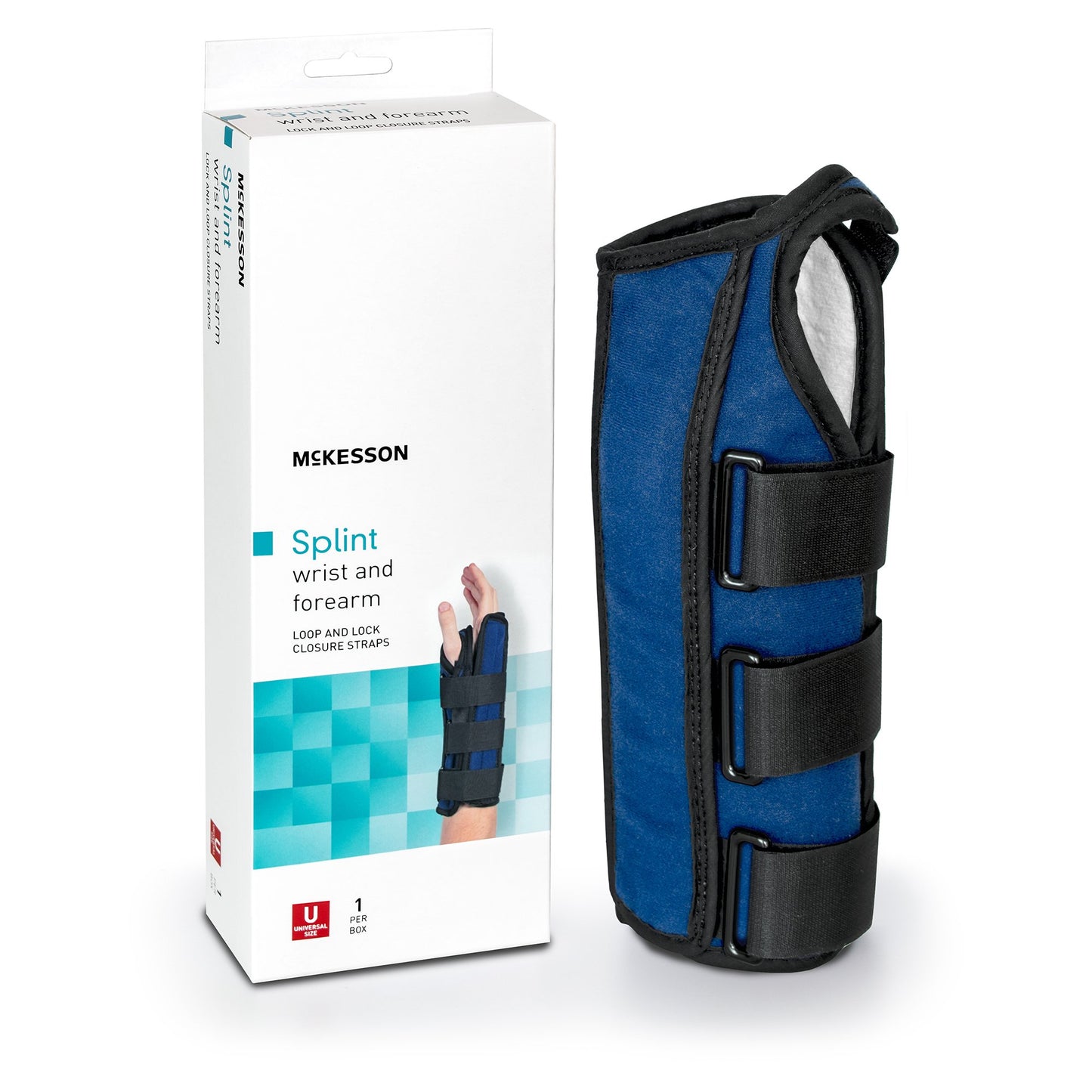 McKesson Wrist / Forearm Brace Aluminum / Nylon / Foam / Flannelette Right Hand Black / Blue One Size Fits Most (1159149_EA)