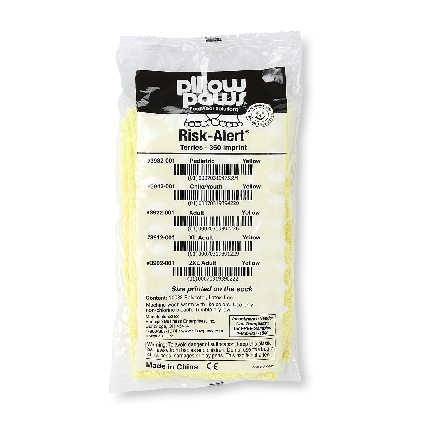Pillow Paws® Risk Alert® Terries™ Slipper Socks Unisex Adult X-Large All Around Tread Single Patient Use Yellow (700339_CS)