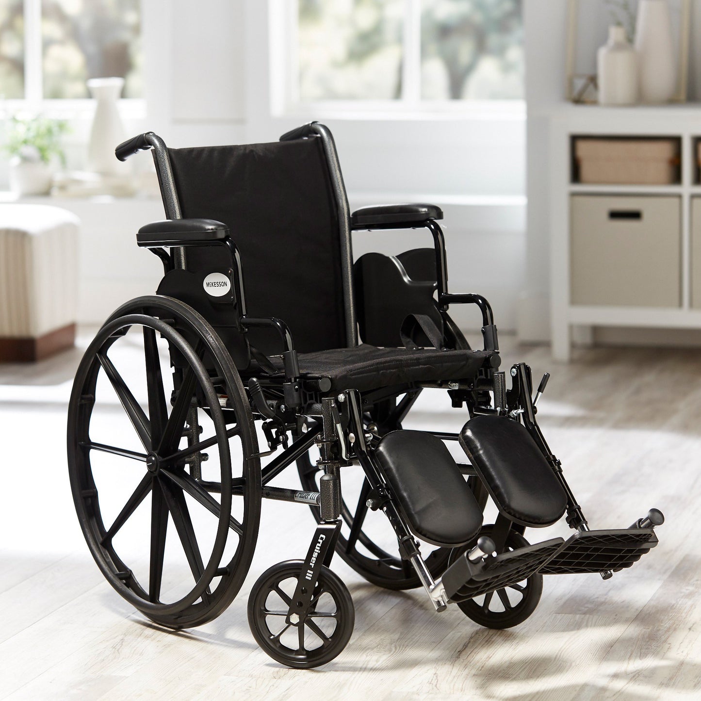McKesson Lightweight Wheelchair Dual Axle Desk Length Arm Swing-Away Elevating Legrest Black Upholstery 16 Inch Seat Width Adult 300 lbs. Weight Capacity (1065283_EA)