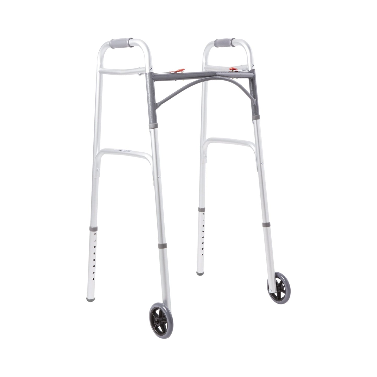 McKesson Dual Release Folding Walker with Wheels Adjustable Height Aluminum Frame 350 lbs. Weight Capacity 32 to 39 Inch Height (1076176_EA)