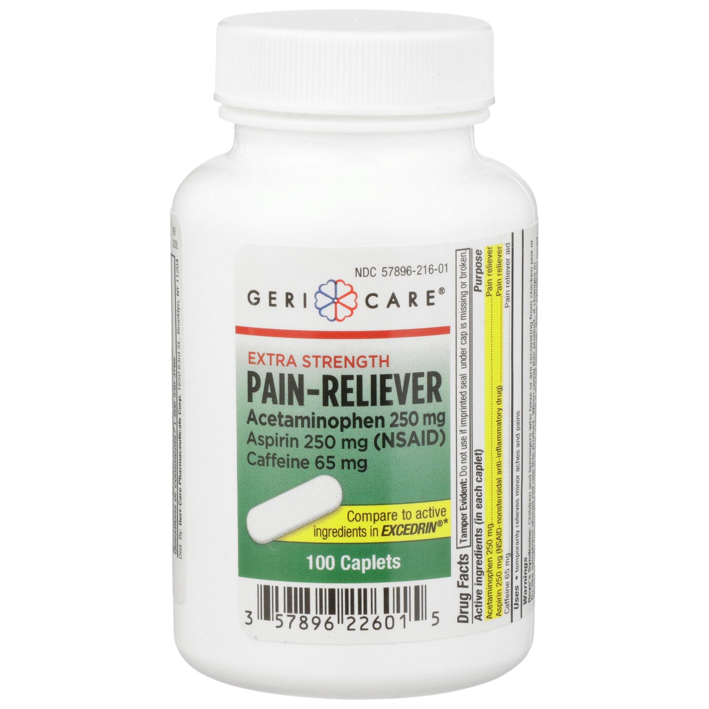 McKesson Brand Pain Relief 250 mg - 250 mg - 65 mg Strength Acetaminophen / Aspirin / Caffeine Caplet 100 per Bottle (868383_BT)