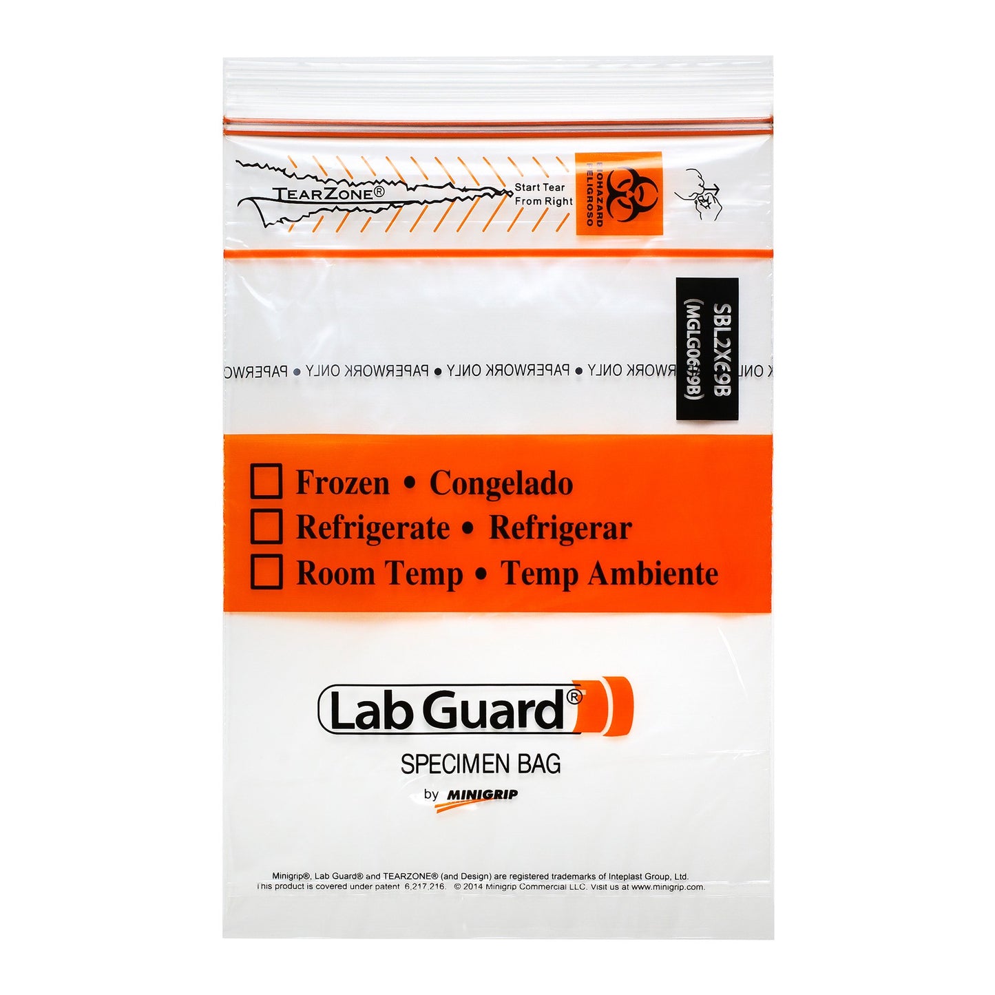 Lab Guard® TearZone® Specimen Transport Bag with Document Pouch 6 X 9 Inch Zip Closure Biohazard Symbol / Storage Instructions NonSterile (1135736_CS)
