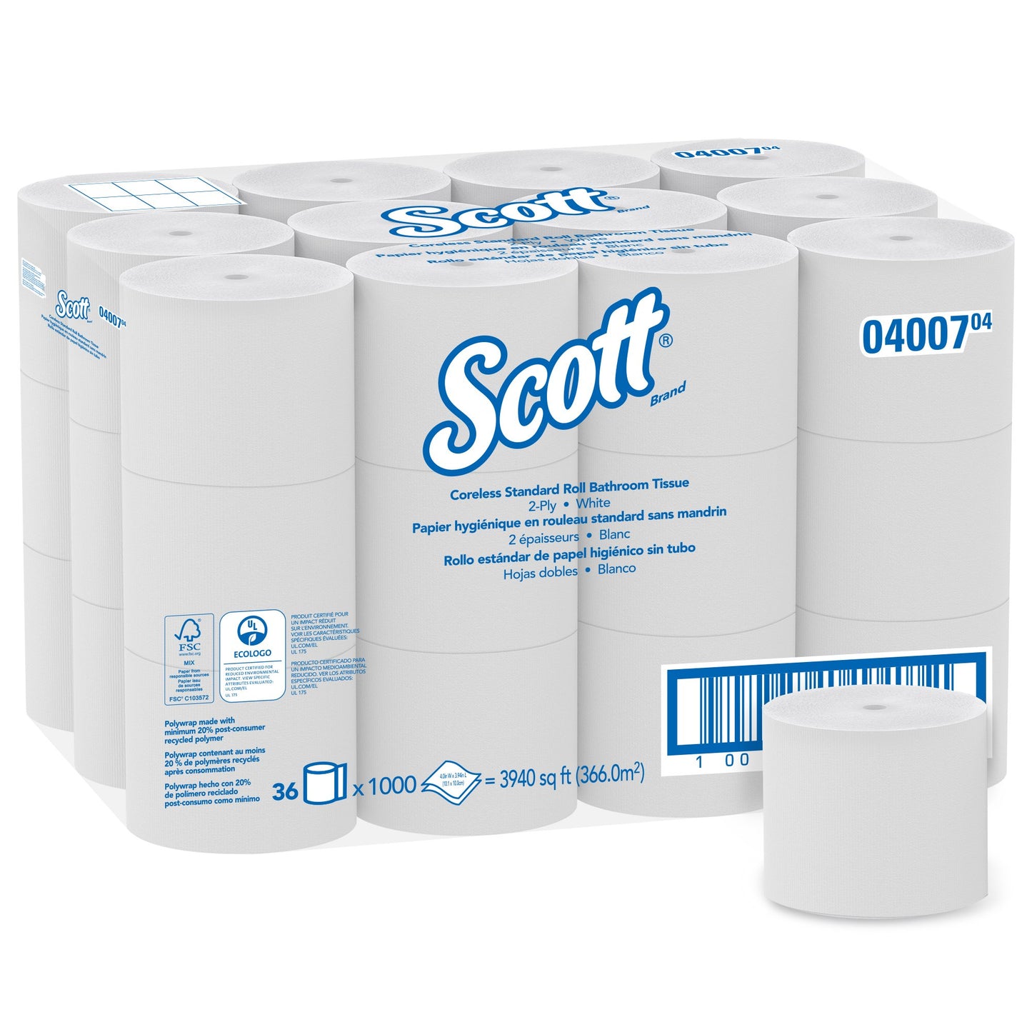 Scott® Essential Toilet Tissue White 2-Ply Standard Size Coreless Roll 1000 Sheets 3-9/10 X 4 Inch (467985_CS)