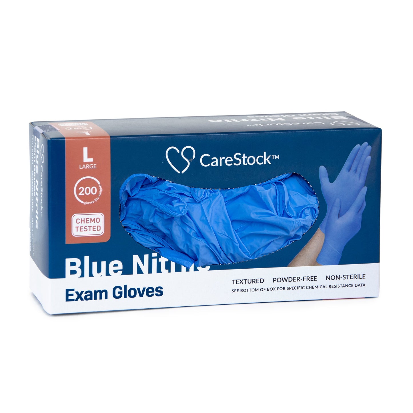 CareStock™ Exam Glove Large NonSterile Nitrile Standard Cuff Length Textured Fingertips Blue Chemo Tested (1230898_CS)