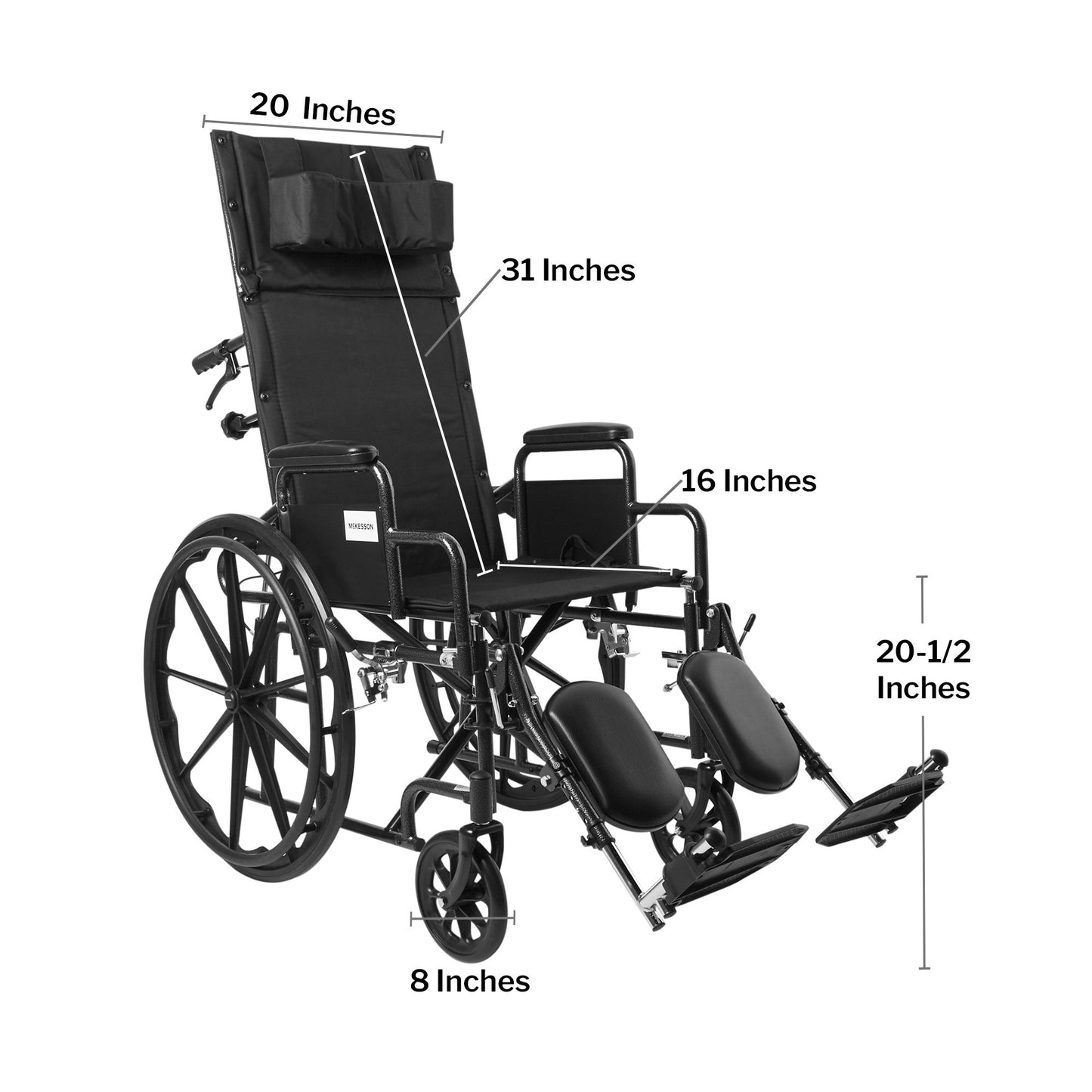 McKesson Reclining Wheelchair Desk Length Arm Swing-Away Elevating Legrest Black Upholstery 20 Inch Seat Width Adult 350 lbs. Weight Capacity (1065291_EA)