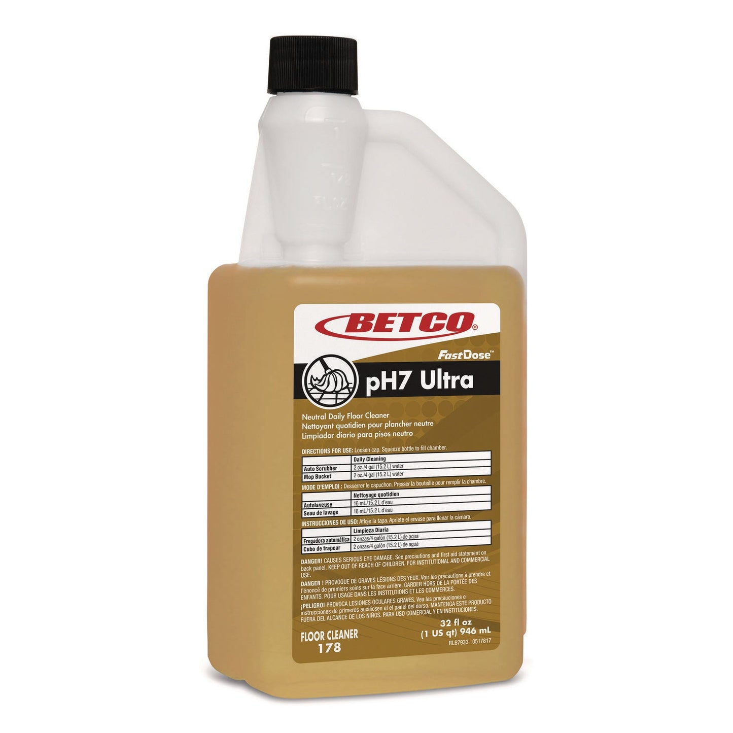 Betco pH7 Ultra Floor Cleaner, Lemon Scent, 32 oz Bottle, 6/Carton (BET1784800)