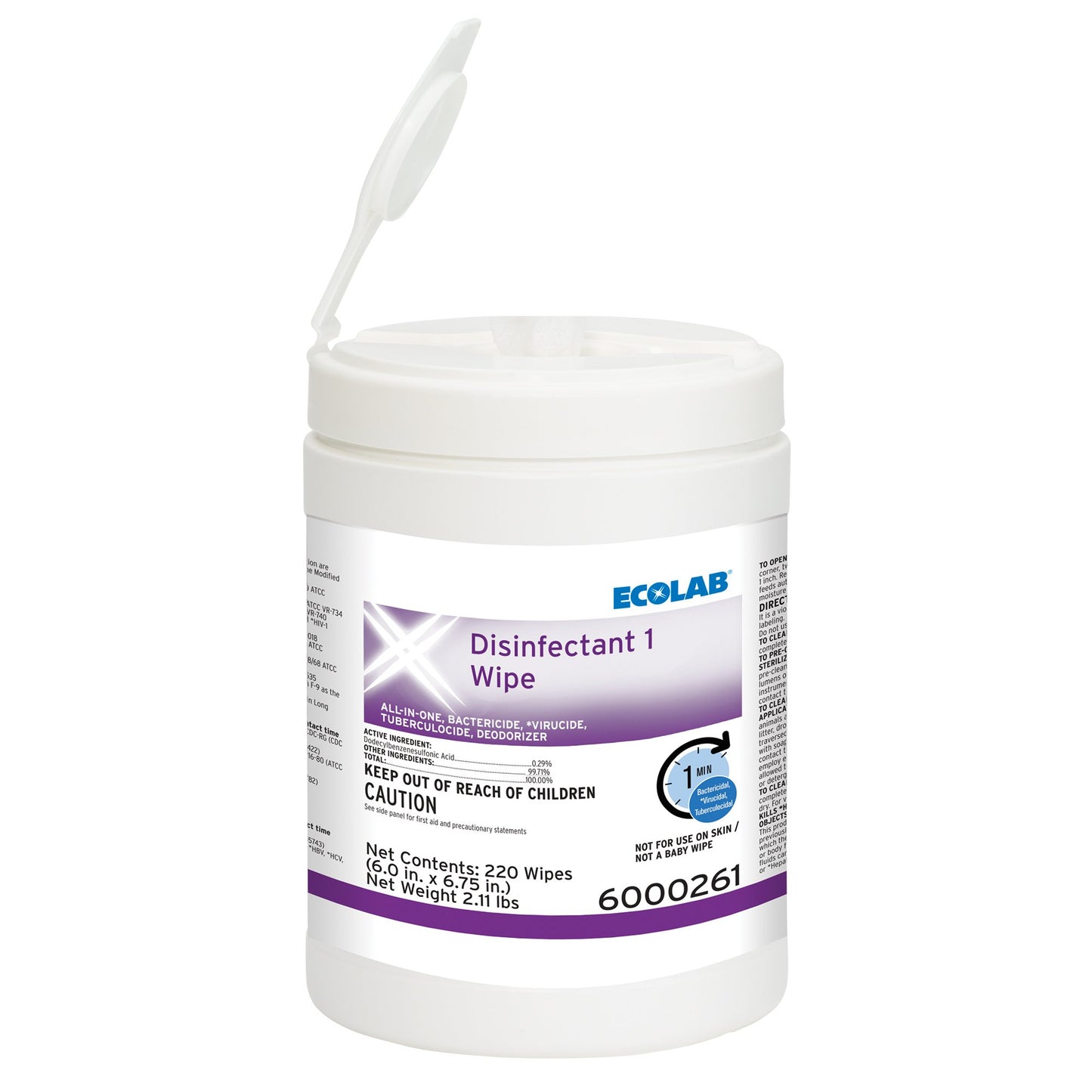 Ecolab® Disinfectant 1 Surface Disinfectant Cleaner Bactericidal Manual Pull Wipe 220 Count Canister Sweet Scent NonSterile (1186249_CT)