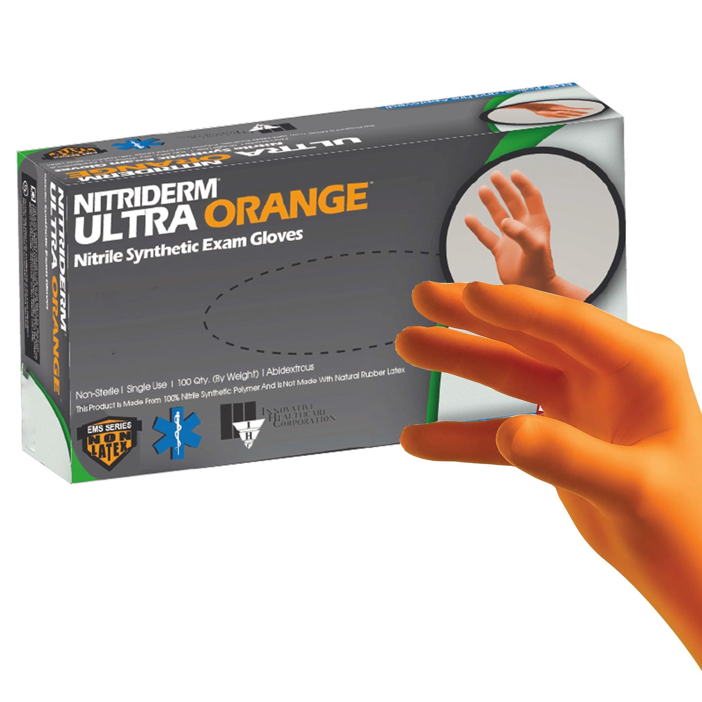 NitriDerm® Ultra Orange™ Exam Glove Large NonSterile Nitrile Standard Cuff Length Fully Textured Orange Chemo Tested / Fentanyl Tested (780243_BX)
