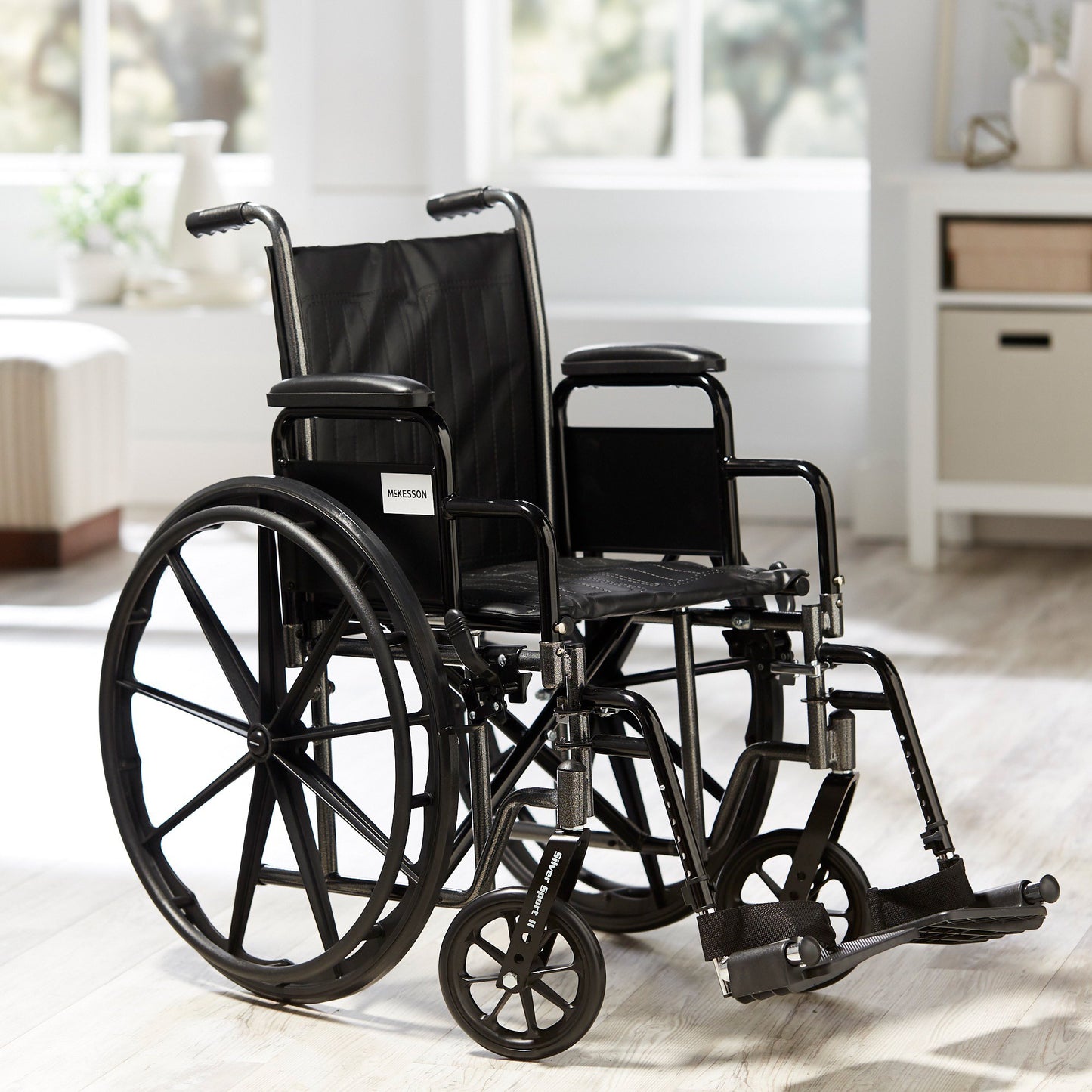 McKesson Wheelchair Dual Axle Desk Length Arm Swing-Away Footrest Black Upholstery 16 Inch Seat Width Adult 250 lbs. Weight Capacity (1065272_EA)