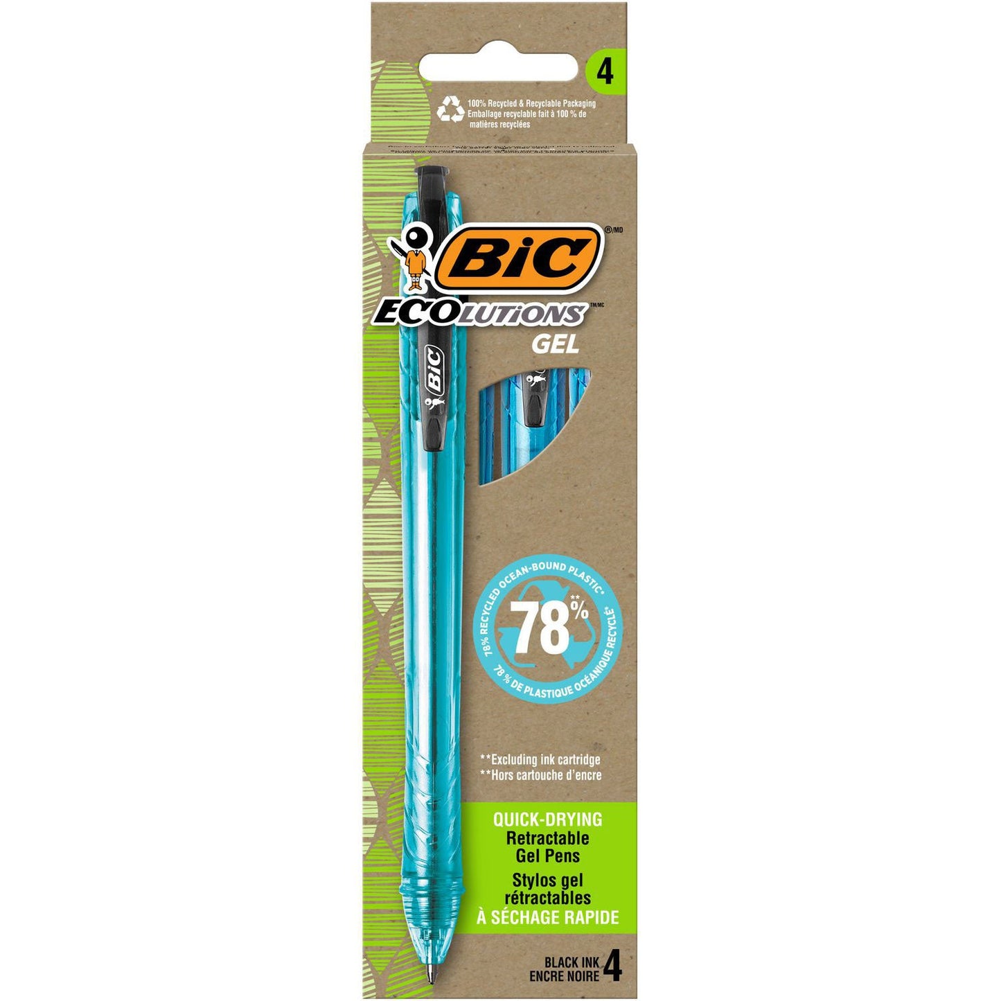 BIC Ecolutions Gel Pen, Retractable, Medium 1 mm, Black Ink, Blue Barrel, 4/Pack (BICRGLE4BK)