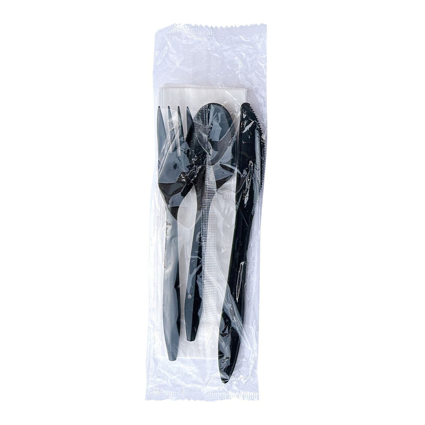 Boardwalk® Four-Piece Cutlery Kit, Fork/Knife/Teaspoon/Napkin, Mediumweight, Black, 250/Carton (BWK4KITBLPP)