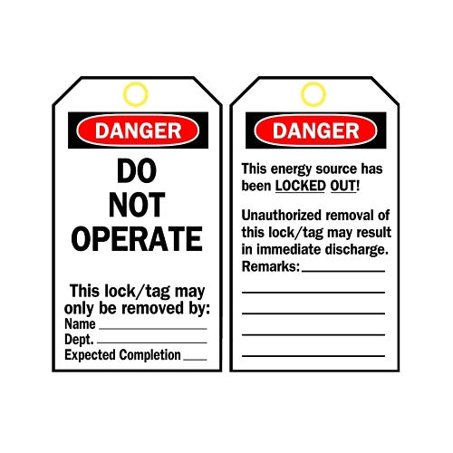 Brady Lockout Tag, 3 in W x 5-3/4 in H, Polyester, Danger, Do Not Operate, Includes Reverse Side, Black/Red on White (262-66050)