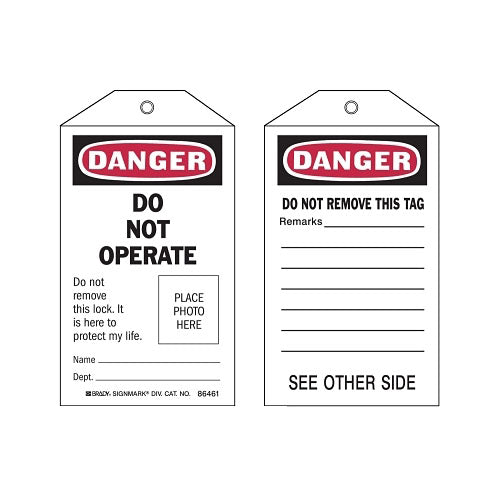 Brady Self-Laminating Tag, 3 in W x 5-3/4 in H, Polyester, Danger, Do Not Operate, Includes Rever Side, Black/Red on White (262-65501)