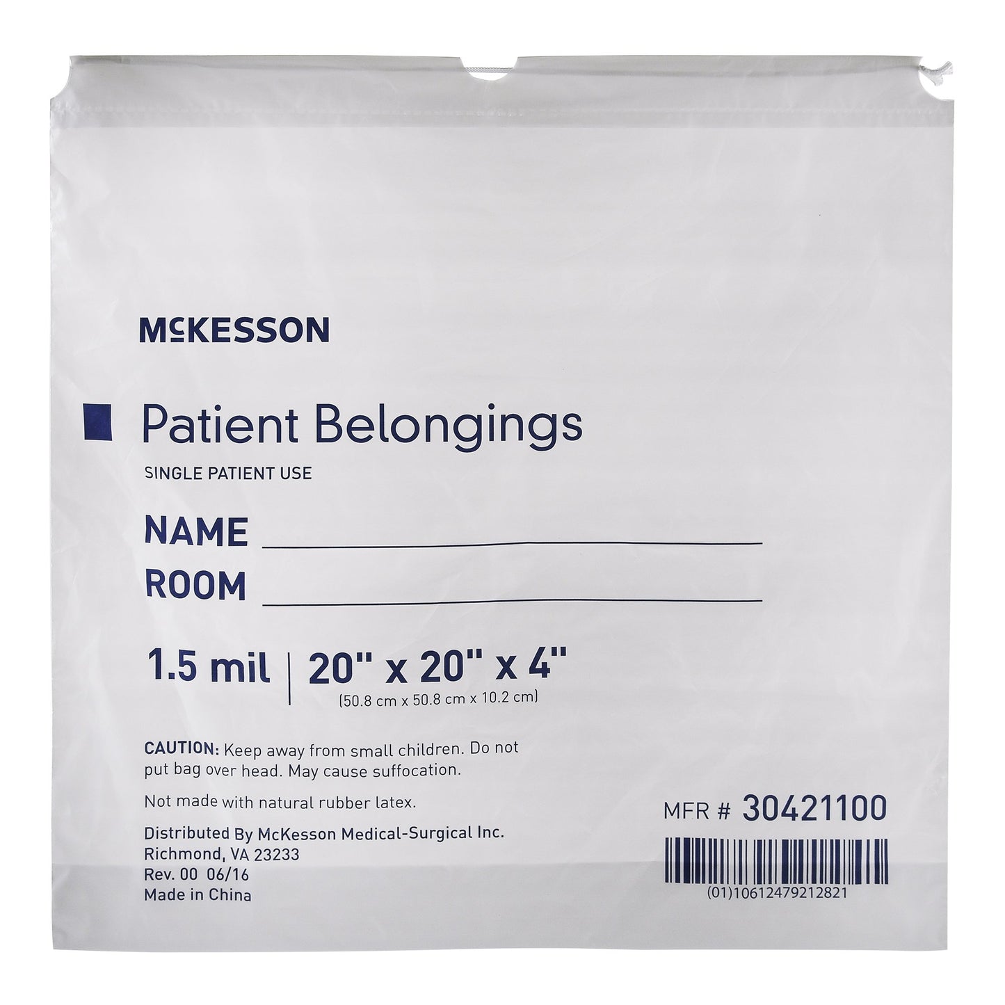 McKesson Patient Belongings Bag 4 X 20 X 20 Inch Polyethylene Drawstring Closure White (447753_CS)