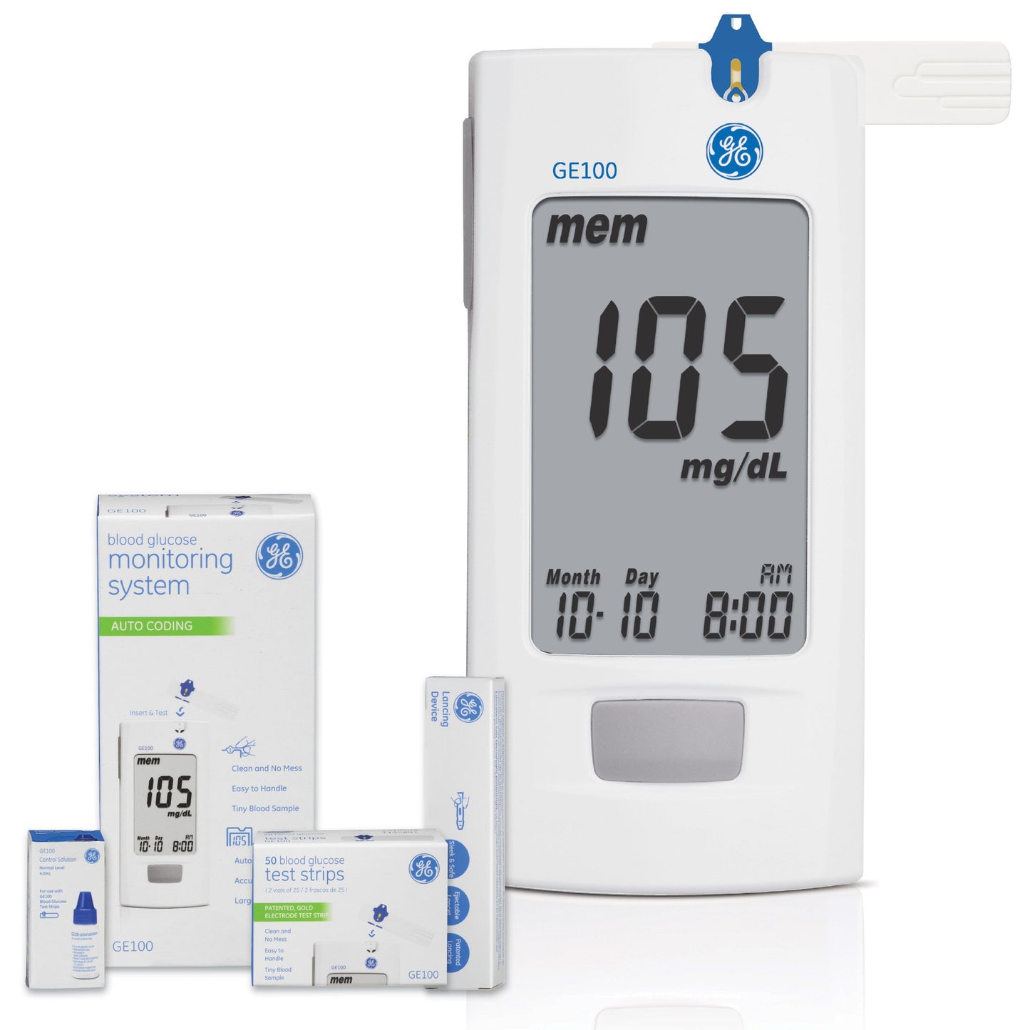GE100 Blood Glucose Meter Kit 5 Seconds 500 Memory Storage No Coding Required (1250937_ST)