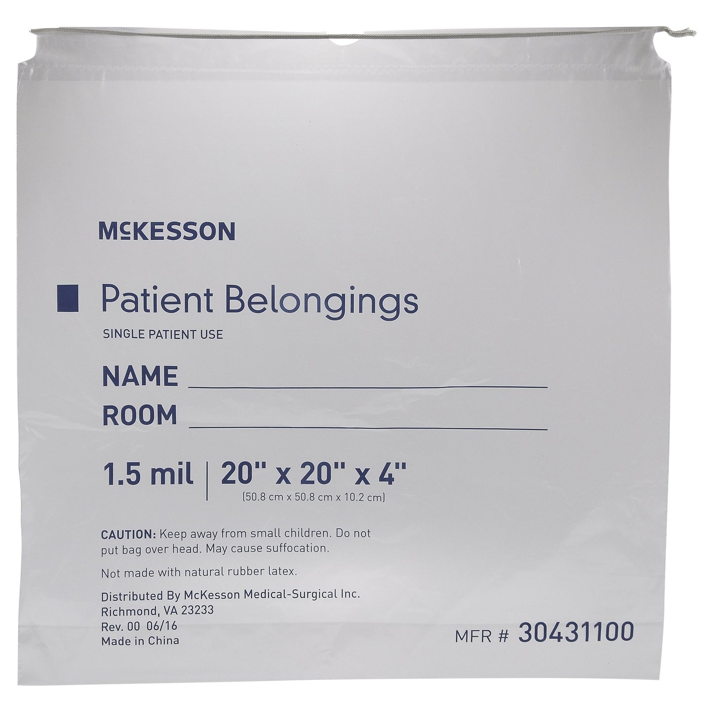 McKesson Patient Belongings Bag 4 X 20 X 20 Inch Polyethylene Drawstring Closure Clear (447887_EA)