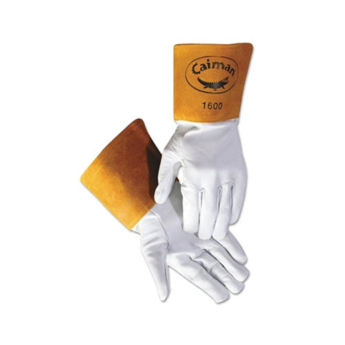 Caiman 1600 Goat Grain Leather/Cowhide Cuff Unlined Welding Gloves, Medium, White/Gold, Gauntlet Cuff (607-1600-M)