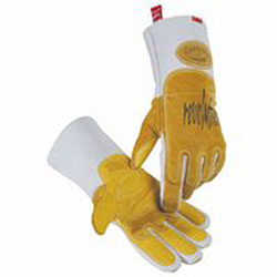 Caiman 1812 revolution® Pig Grain FR Cotton Fleece Lined MIG/Stick Welding Gloves, Large, Gold/White, Gauntlet Cuff (607-1812-L)