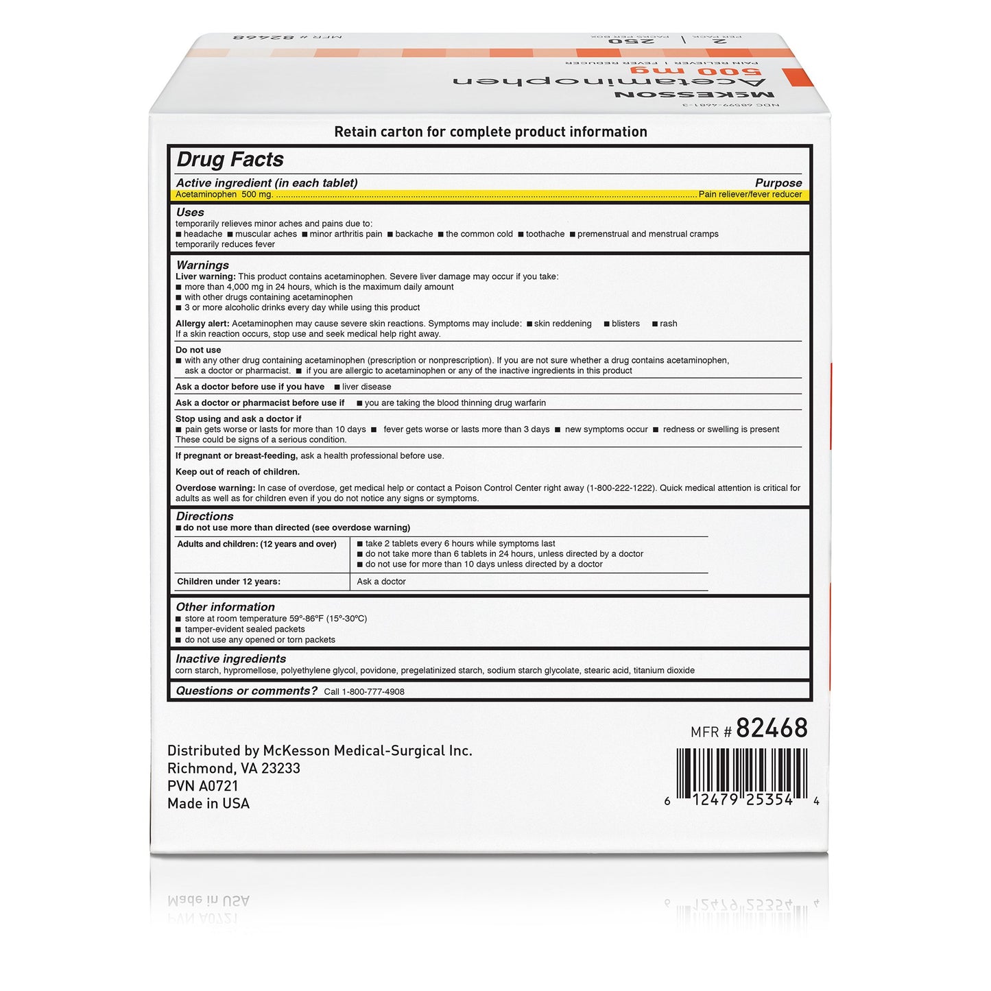 McKesson Pain Relief 500 mg Strength Acetaminophen Unit Dose Tablet 250 per Box (1111740_BX)