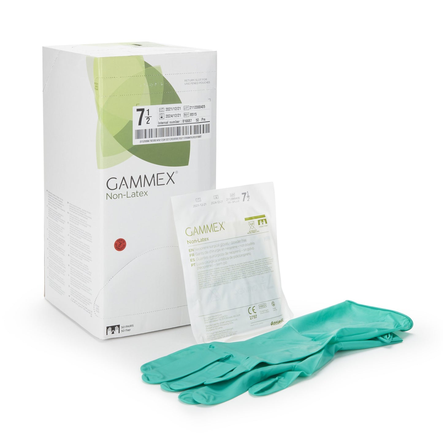 GAMMEX® Non-Latex Surgical Glove Size 7.5 Sterile Polyisoprene Standard Cuff Length Micro-Textured Green Chemo Tested (364346_CS)