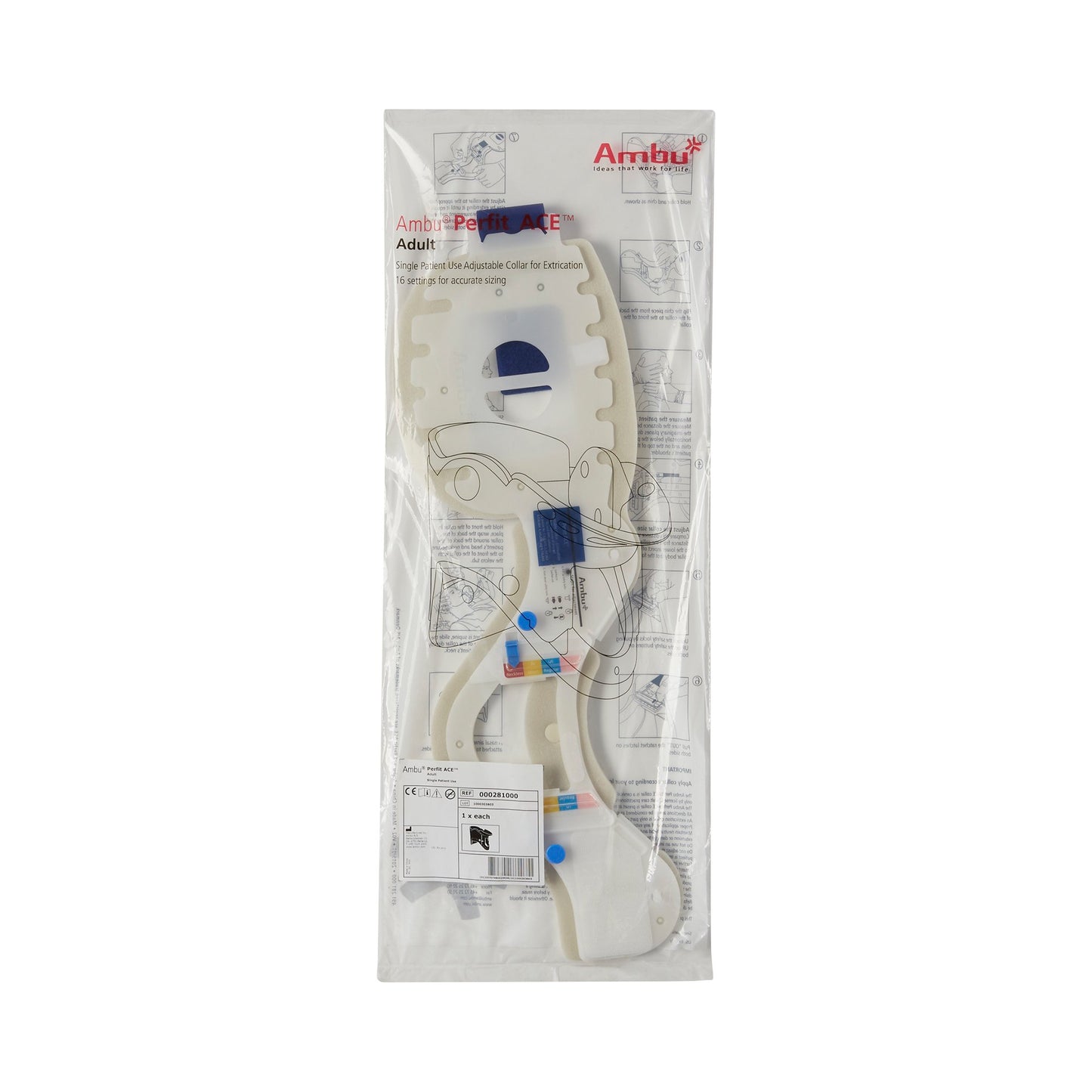 Ambu® Perfit ACE™ Extrication Cervical Collar Preformed Adult One Size Fits Most One-Piece / Trachea Opening Adjustable Height Adjustable Neck Circumference (374576_CS)