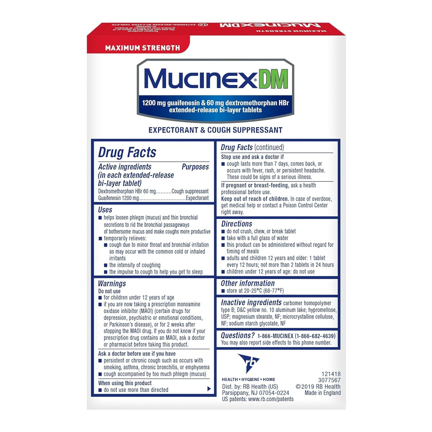 Mucinex® DM Cold and Cough Relief 1,200 mg - 60 mg Strength Tablet 14 per Box (718857_BX)