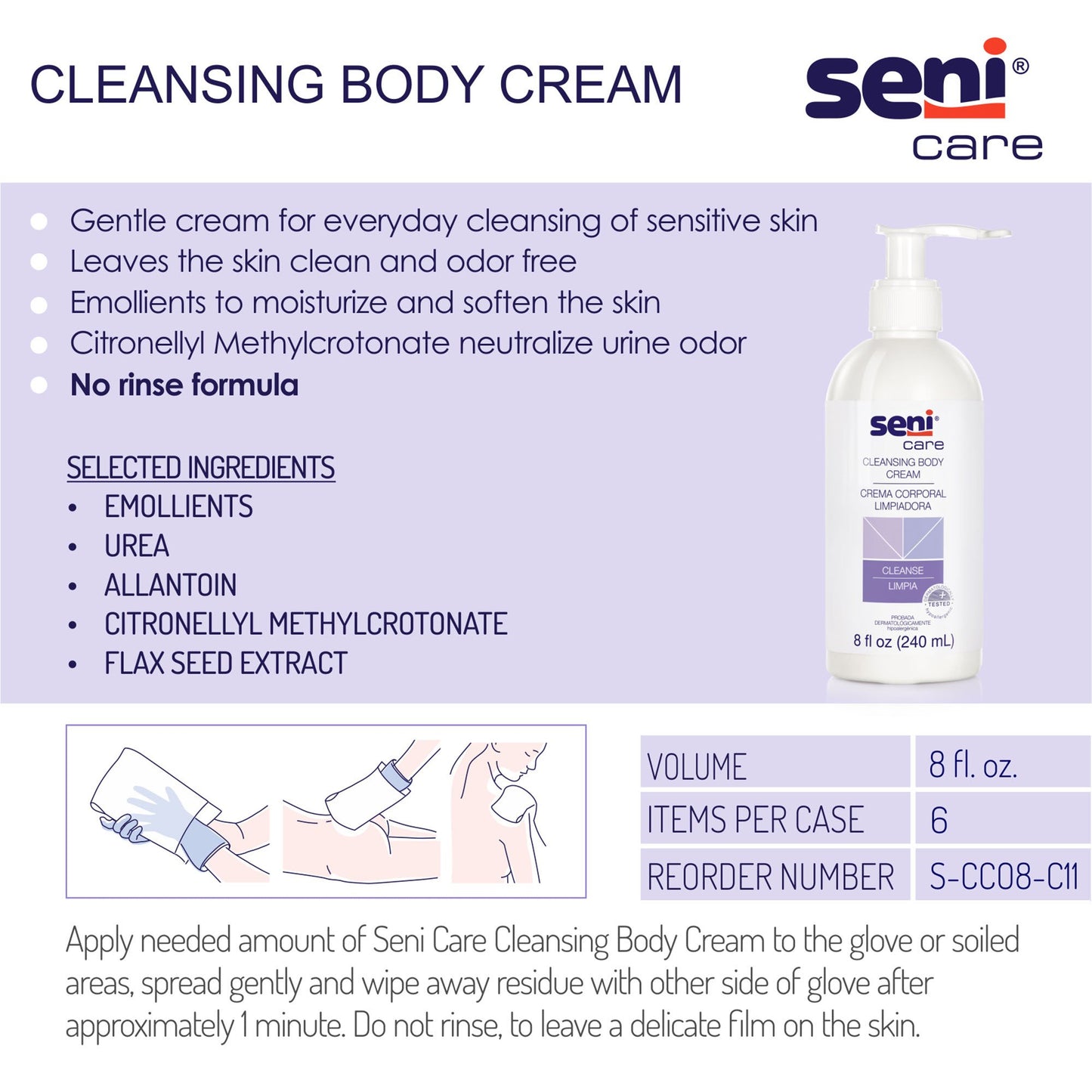 Seni® Care Rinse-Free Body Wash Cream 8 oz. Pump Bottle Light Scent (1163814_EA)