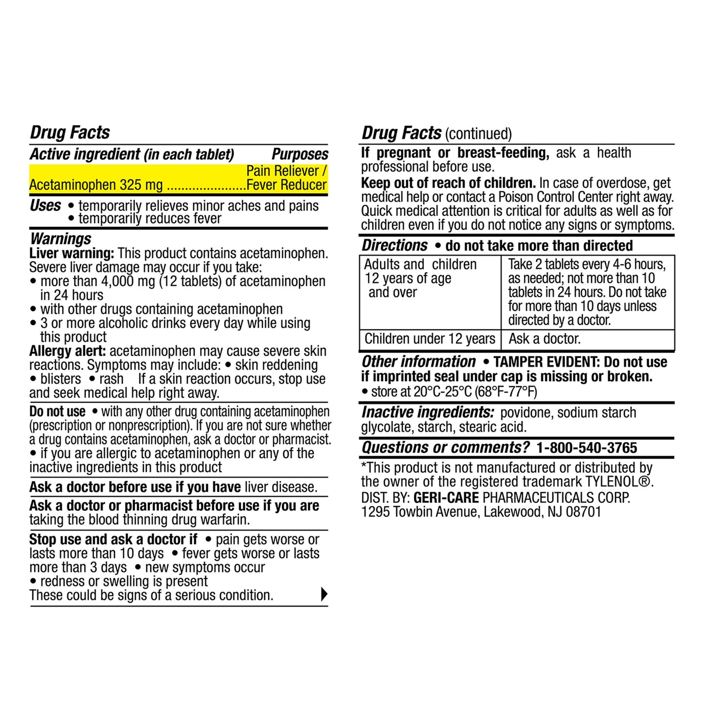 Geri-Care Pain Relief 325 mg Strength Acetaminophen Tablet 1000 per Bottle (1242760_BT)