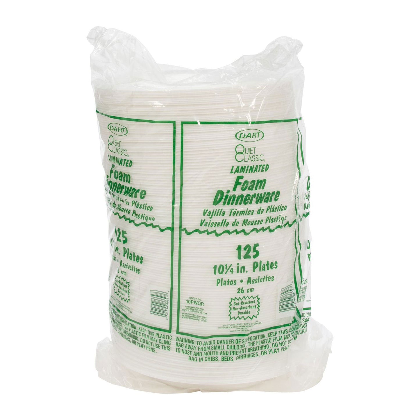 Dart Quiet Classic Laminated Foam Dinnerware, Plate, 10" dia, White, 500/Carton (DCC10PWQ)