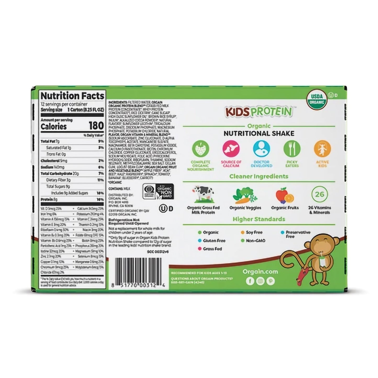 Orgain® Kids Protein™ Organic Nutritional Shake Pediatric Oral Supplement Chocolate Flavor 8.25 oz. Carton Liquid Organic (1100496_EA)