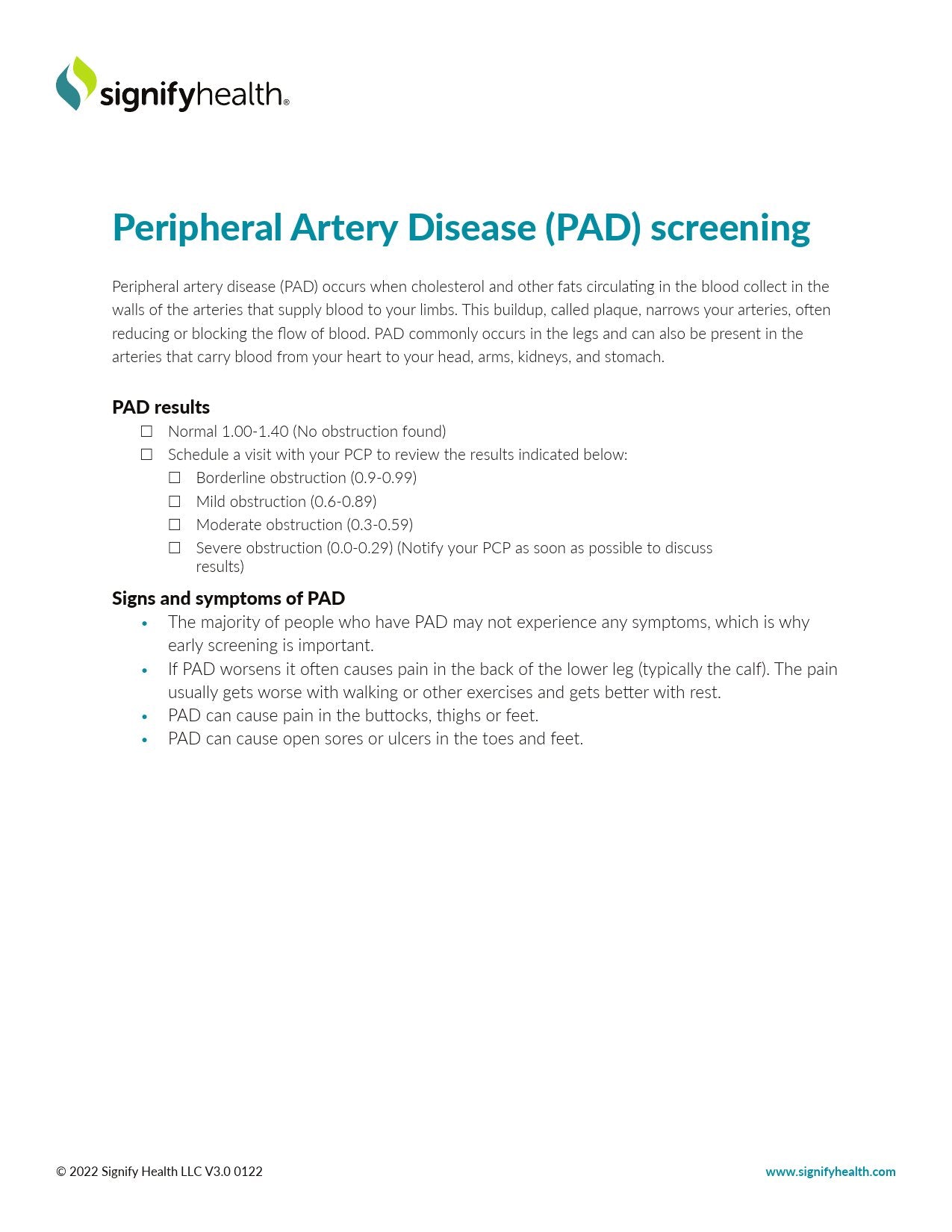 Signigyhealth Fact Sheet Peripheral Artery Disease (PAD) Screening 8 X11 Inch (1218339_CS)